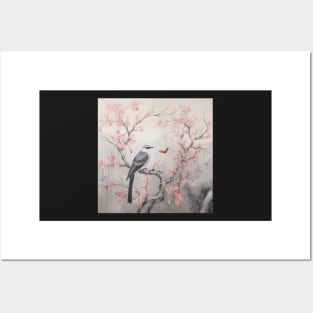 Grey and pink chinoiserie painting with birds and flowers Posters and Art